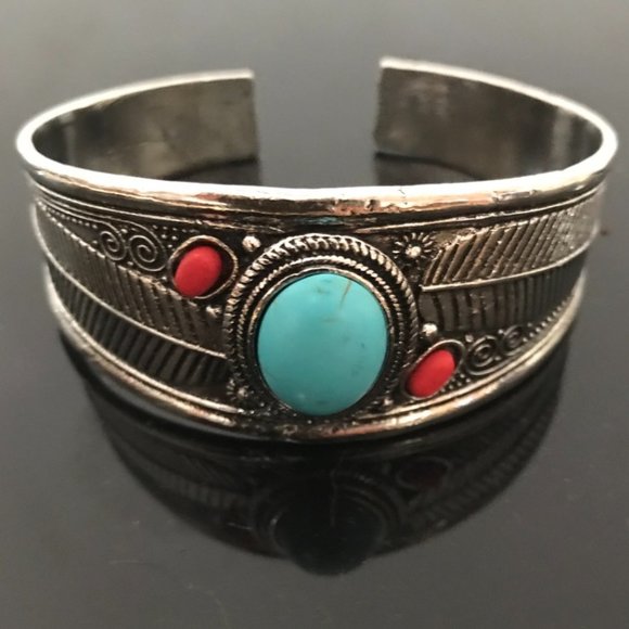 Conceptual Subculture Other - Turquoise Silver Cuff Bracelet Southwestern Coral Mens Mans Western Coral Red